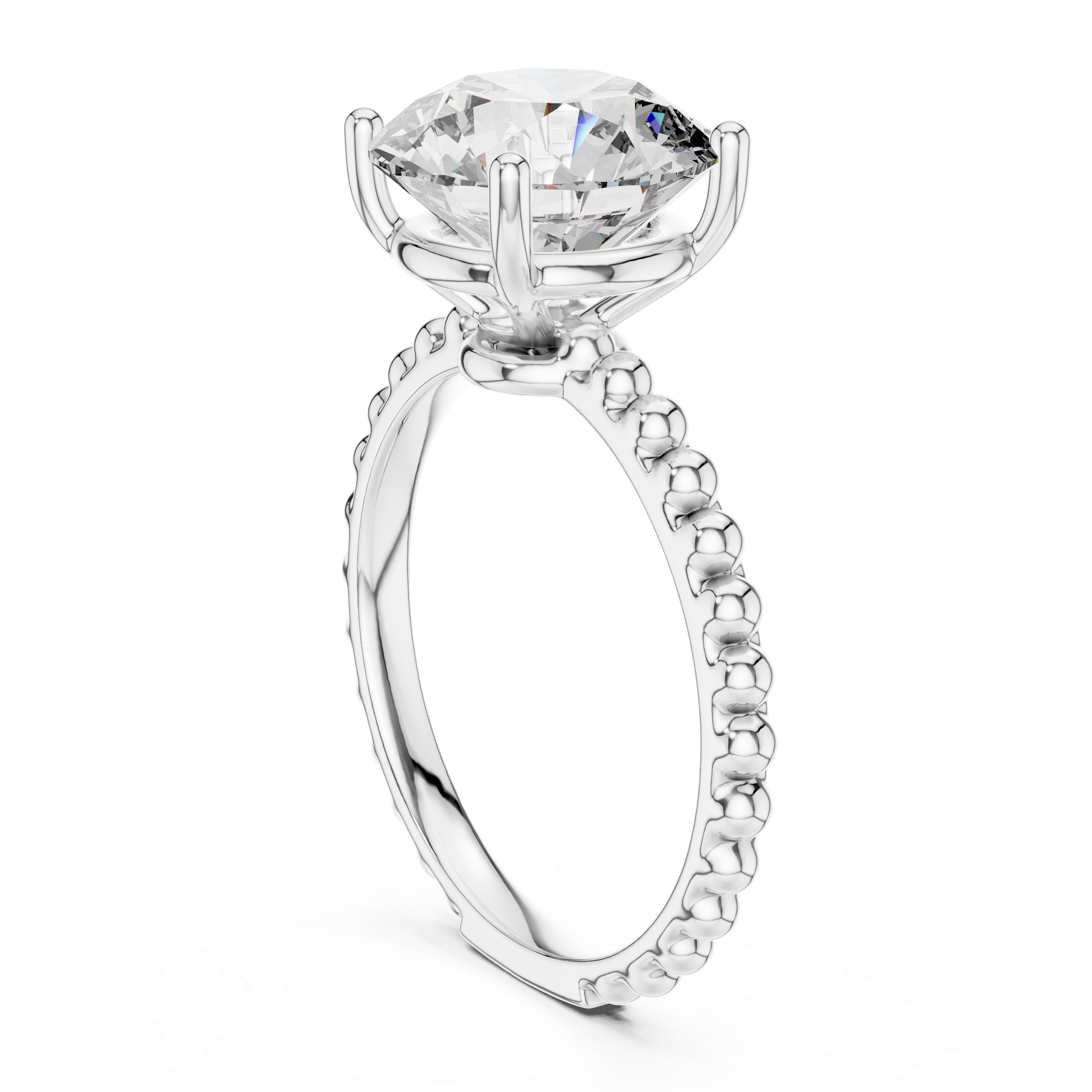 Silver ring with a large diamond and smaller diamonds on the band against a white background